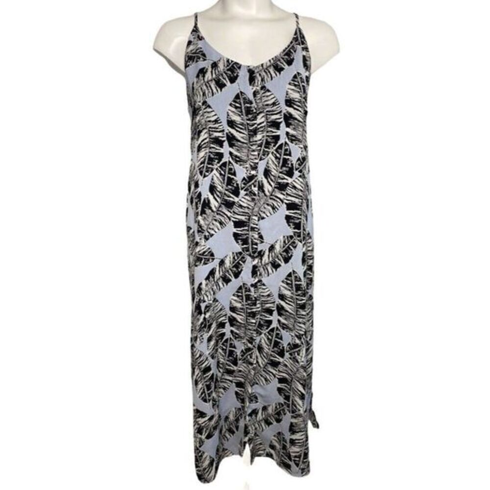 Olive & Oak Blue Black White Leaf Print Shift Maxi‎ Dress Sz Large